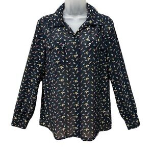 Octavia Novelty Bird Print Semi-Sheer Button-Front Blouse Top Navy Medium 🌿